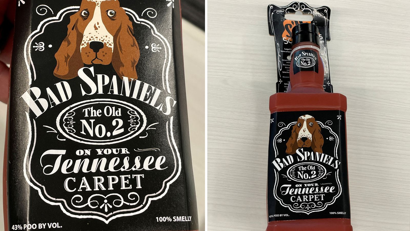 FILE PHOTO: A dog toy called ...Bad Spaniels,... shaped like a Jack Daniel's whiskey bottle, at the center of a trademark dispute that will go before the U.S. Supreme Court this week in a case that could redefine how the judiciary applies constitutional free speech rights to trademark law, is seen in Washington, U.S. on March 9, 2023.   REUTERS/Jim Bourg/File Photo