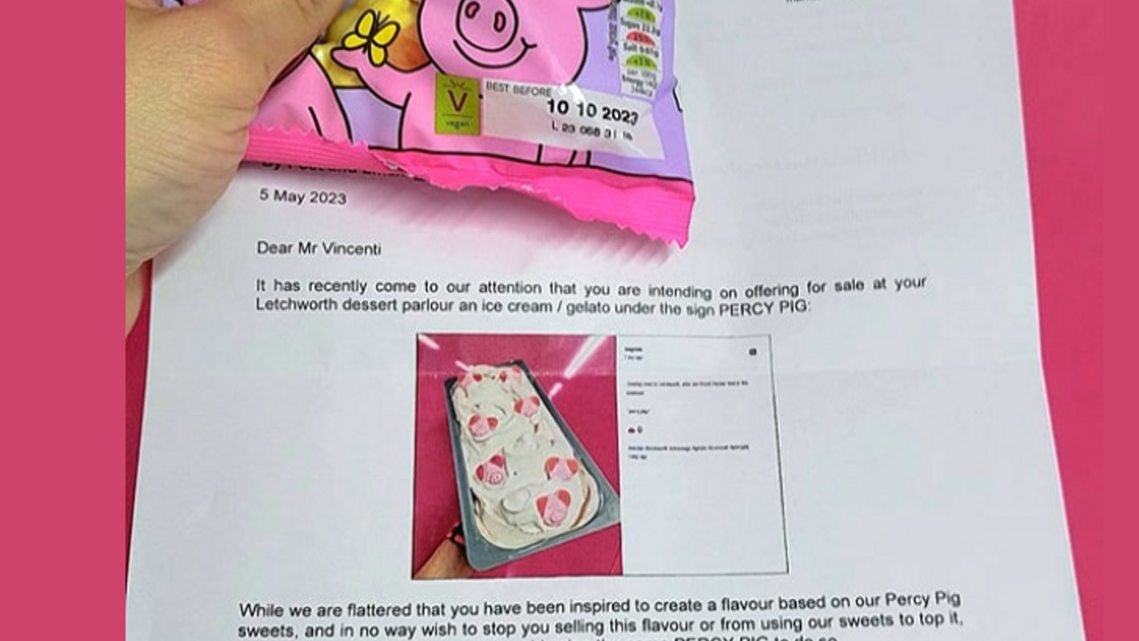 Fabio's Gelato received a letter regarding its Perky Pig Gelato. Pic: Fabio's Gelato