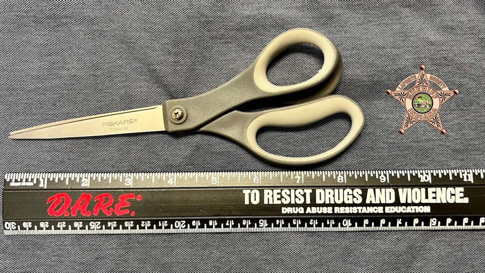 A pair of scissors that was found in the 'anal cavity' of a man at La Porte County Jail in Indiana, USA. May 2023 Source: La Porte County Sheriff's Office official Facebook page