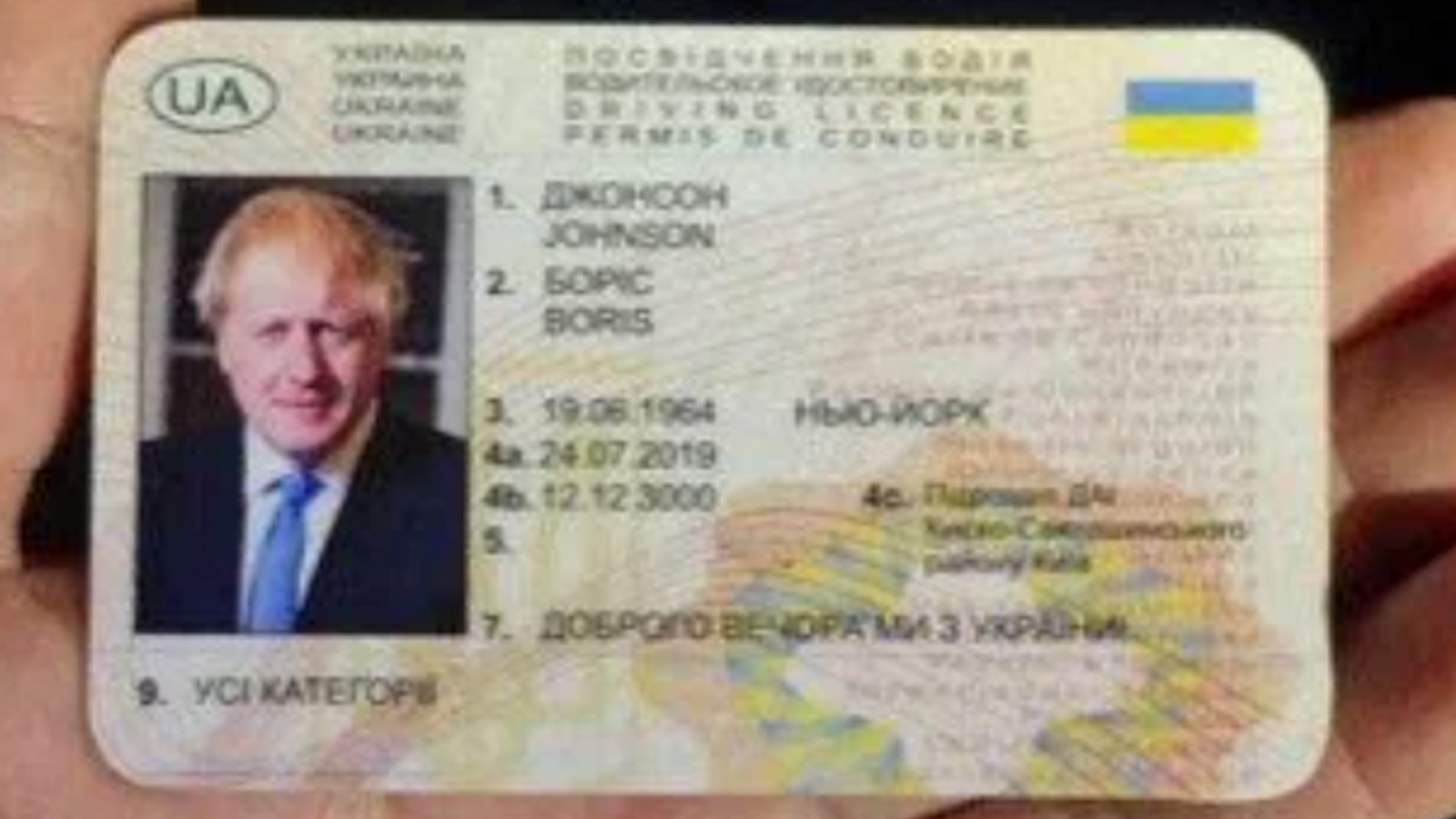 An officer holds the fake Boris Johnson licence. Pic: politie_groningen_centrum/Instagram