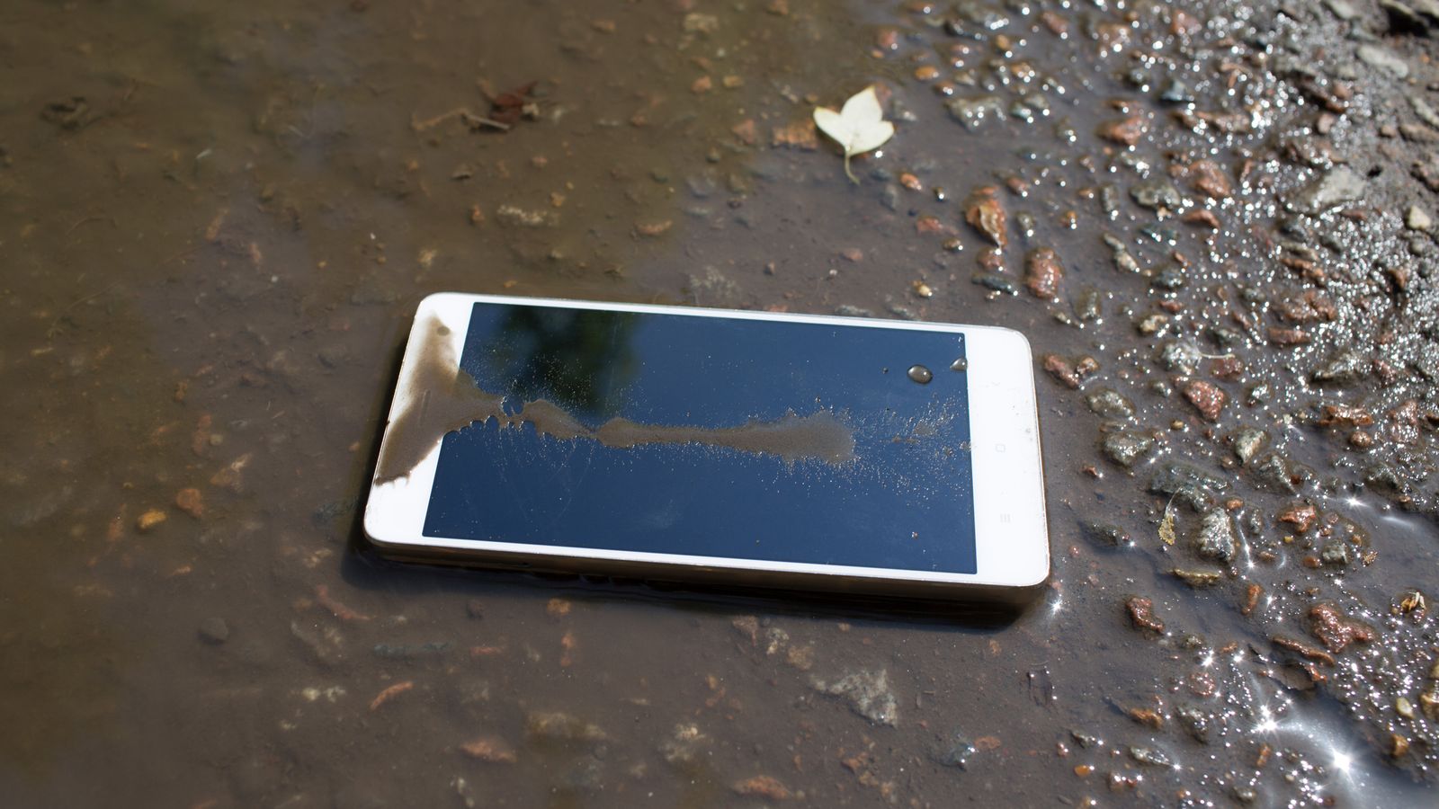 Mobile phone lying on pavement in puddle. Pic: iStock