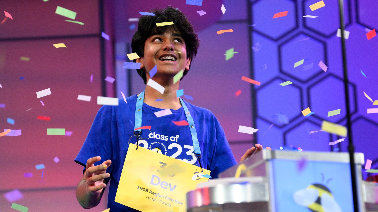 Dev Shah, 14, has won the Scripps National Spelling Bee finals. Pic: AP