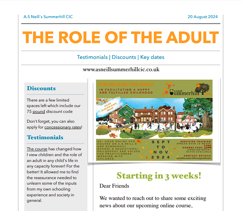 The Role Of The Adult – Autumn Course Latest News!